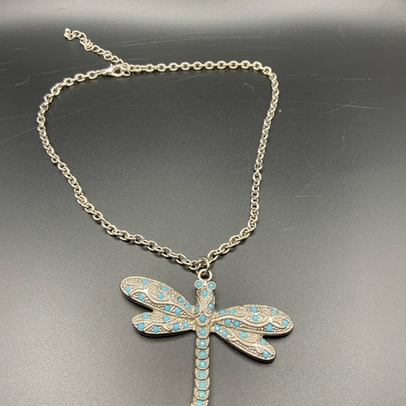 Large dragonfly pendant necklace silver tone 17” - Picture 3 of 5